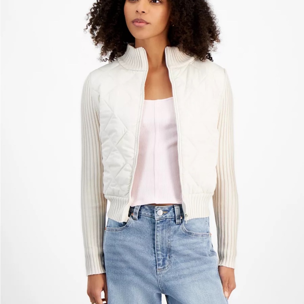 NWT Madden Girl Cream Puffer Front Contrast Knit Ribbed  Long Sleeve Sweater